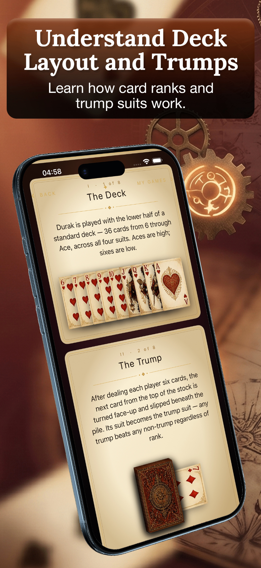 Grimoire: Texas Holdem lesson screens showing rules and deck layout on iPhone.