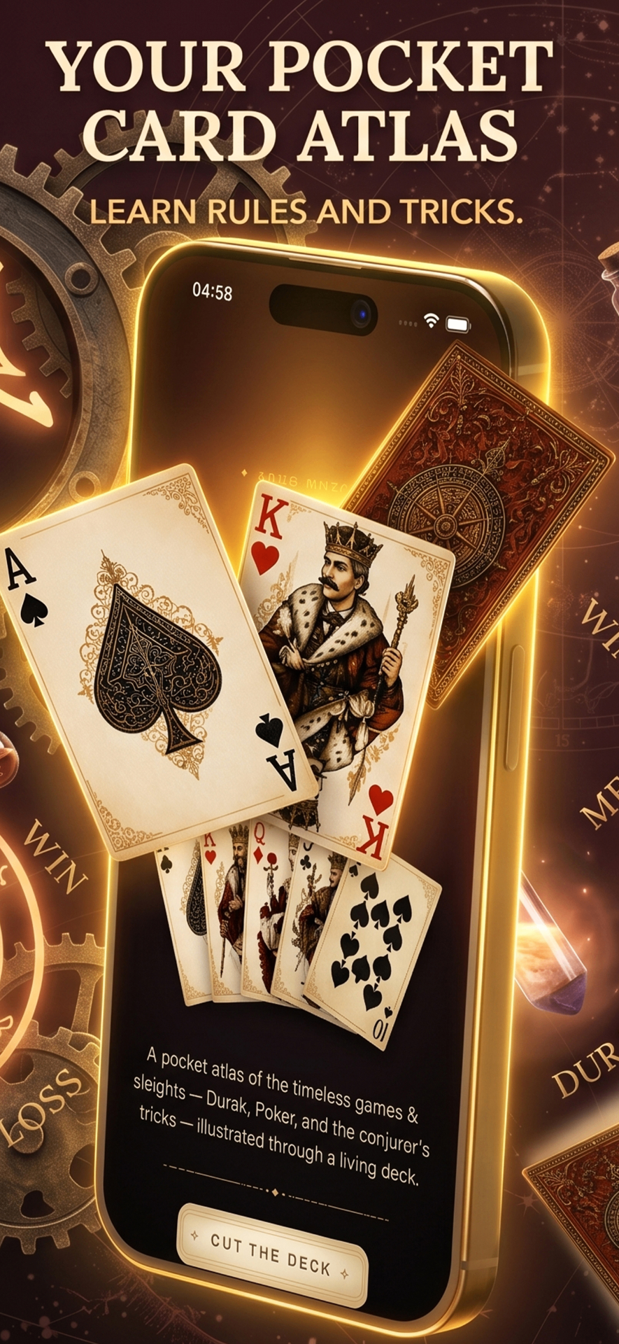 Grimoire: Texas Holdem shown on iPhone with glowing cards and ornate card artwork.