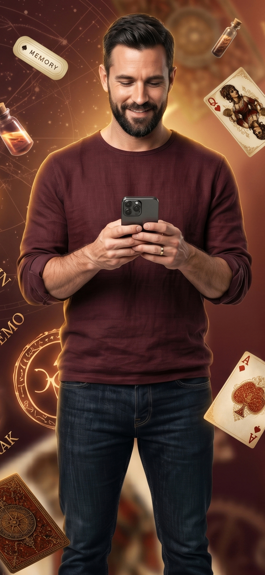 A user holding a phone while browsing Grimoire: Texas Holdem.