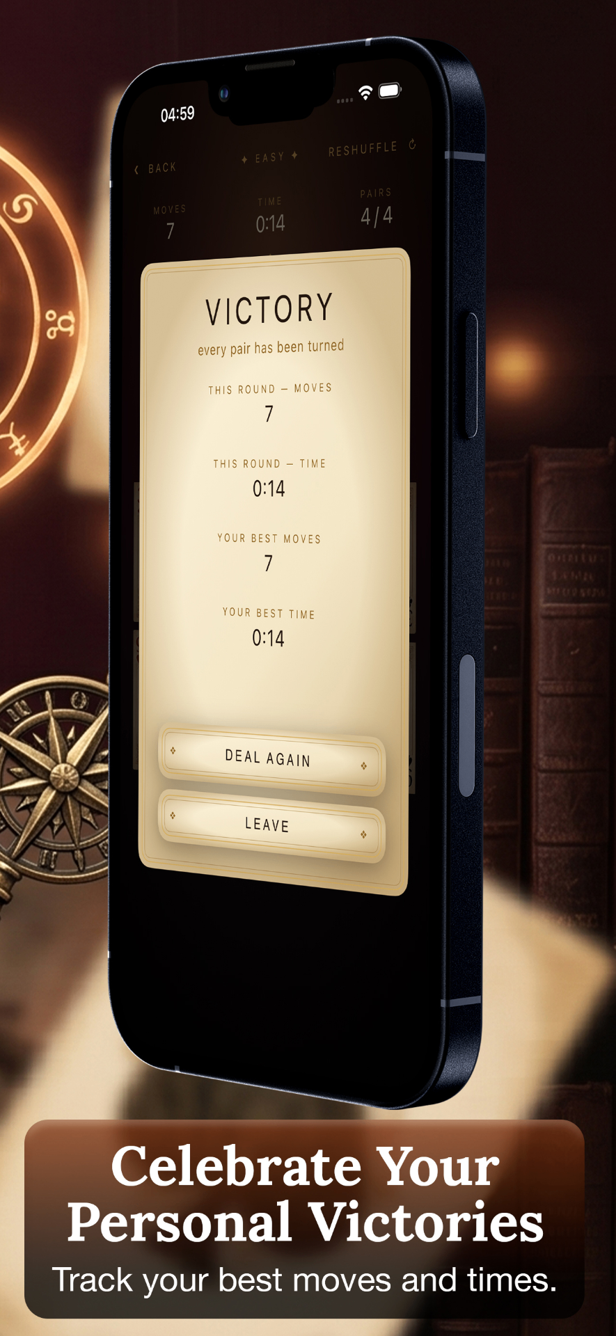 Victory screen from Grimoire on iPhone after completing a card-learning session.