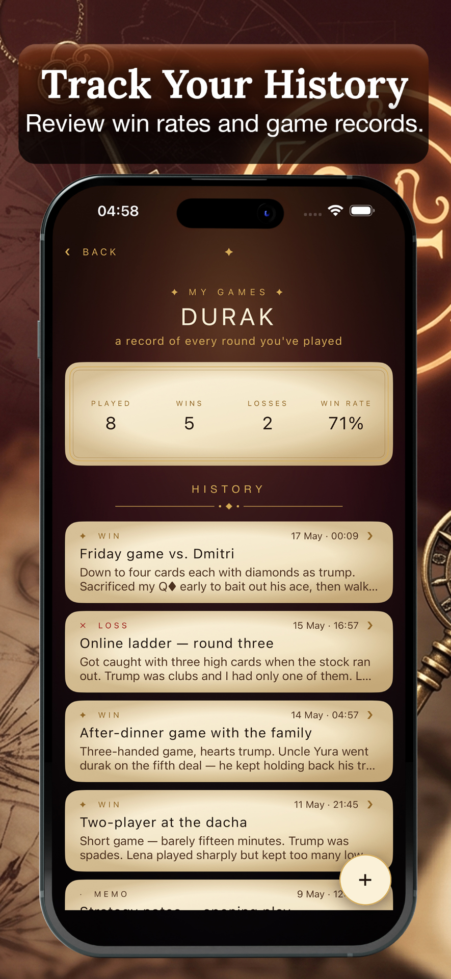 Grimoire history screen showing played rounds, wins, losses and win rate.